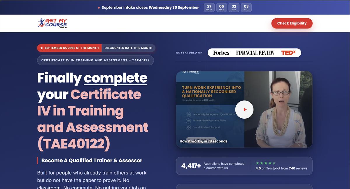 Get My Course TAE40122 landing page after Hardbox redesign