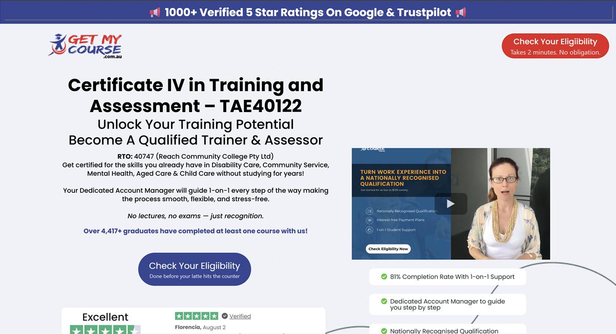 Get My Course TAE40122 landing page before